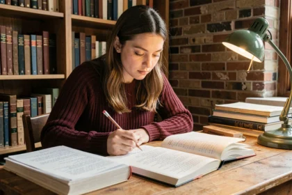 Jeune femme étudiant la conjugaison du passé simple du verbe aller dans une bibliothèque cosy entourée de livres de grammaire française