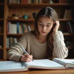 Jeune femme étudiant la conjugaison du passé simple du verbe choisir avec des livres de grammaire française ouverts sur un bureau en bois