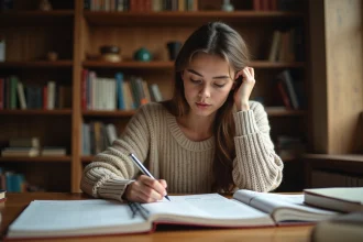 Jeune femme étudiant la conjugaison du passé simple du verbe choisir avec des livres de grammaire française ouverts sur un bureau en bois
