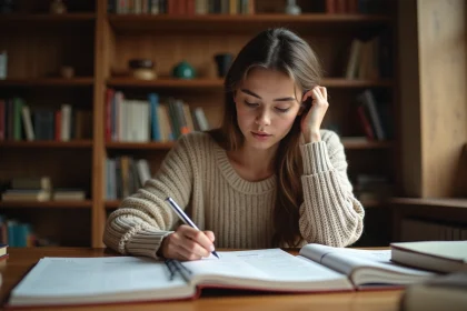Jeune femme étudiant la conjugaison du passé simple du verbe choisir avec des livres de grammaire française ouverts sur un bureau en bois