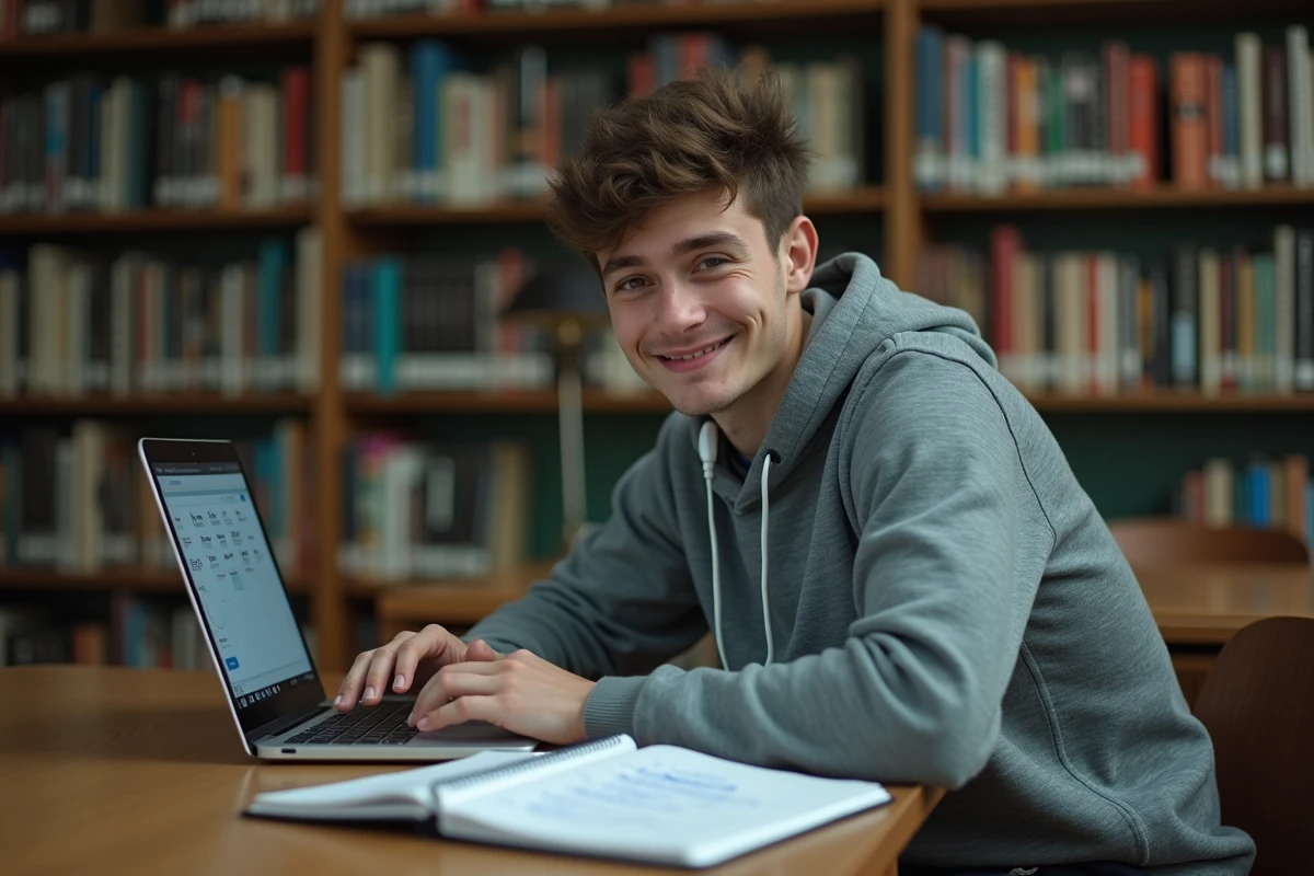 Étudiant en bibliothèque consultant une ressource en ligne pour apprendre le passé simple du verbe rejoindre