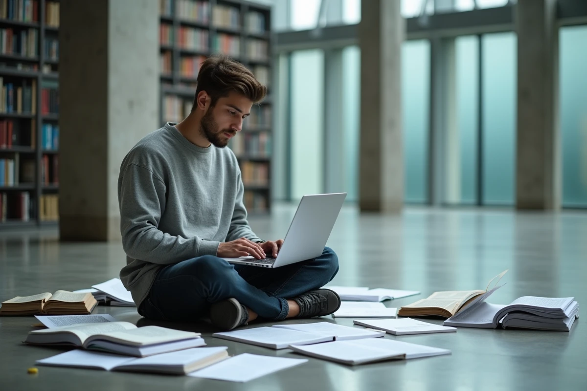 Étudiant préparant sa candidature aux Gobelins dans une bibliothèque universitaire moderne