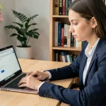Jeune femme remplissant un dossier de candidature en ligne sur la plateforme eCandidat Paris 8 depuis son bureau à domicile