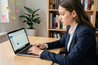 Jeune femme remplissant un dossier de candidature en ligne sur la plateforme eCandidat Paris 8 depuis son bureau à domicile