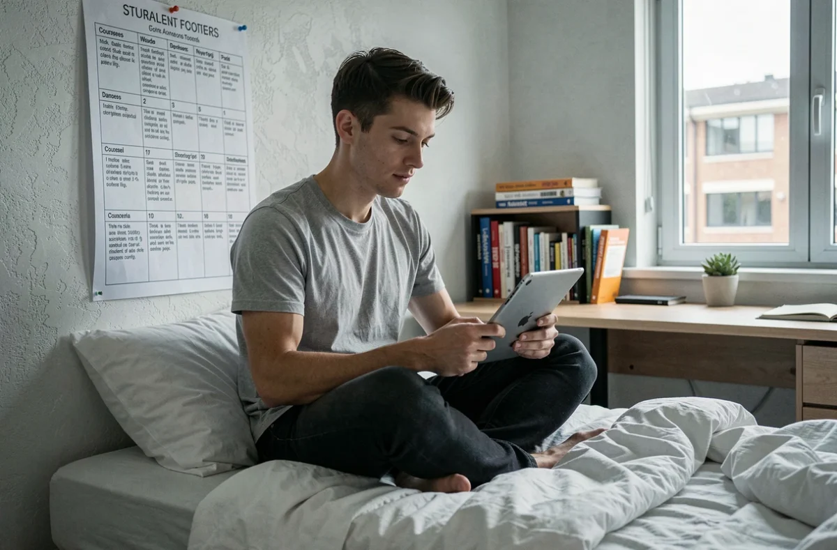 Étudiant utilisant une tablette pour accéder aux outils ECampus Poli depuis sa chambre de résidence universitaire