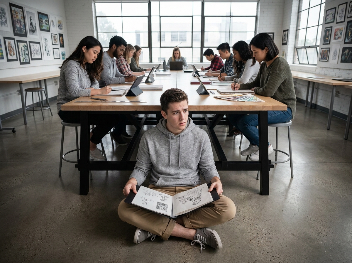 Étudiant en école d'illustration examinant son portfolio dans une salle de classe créative et moderne