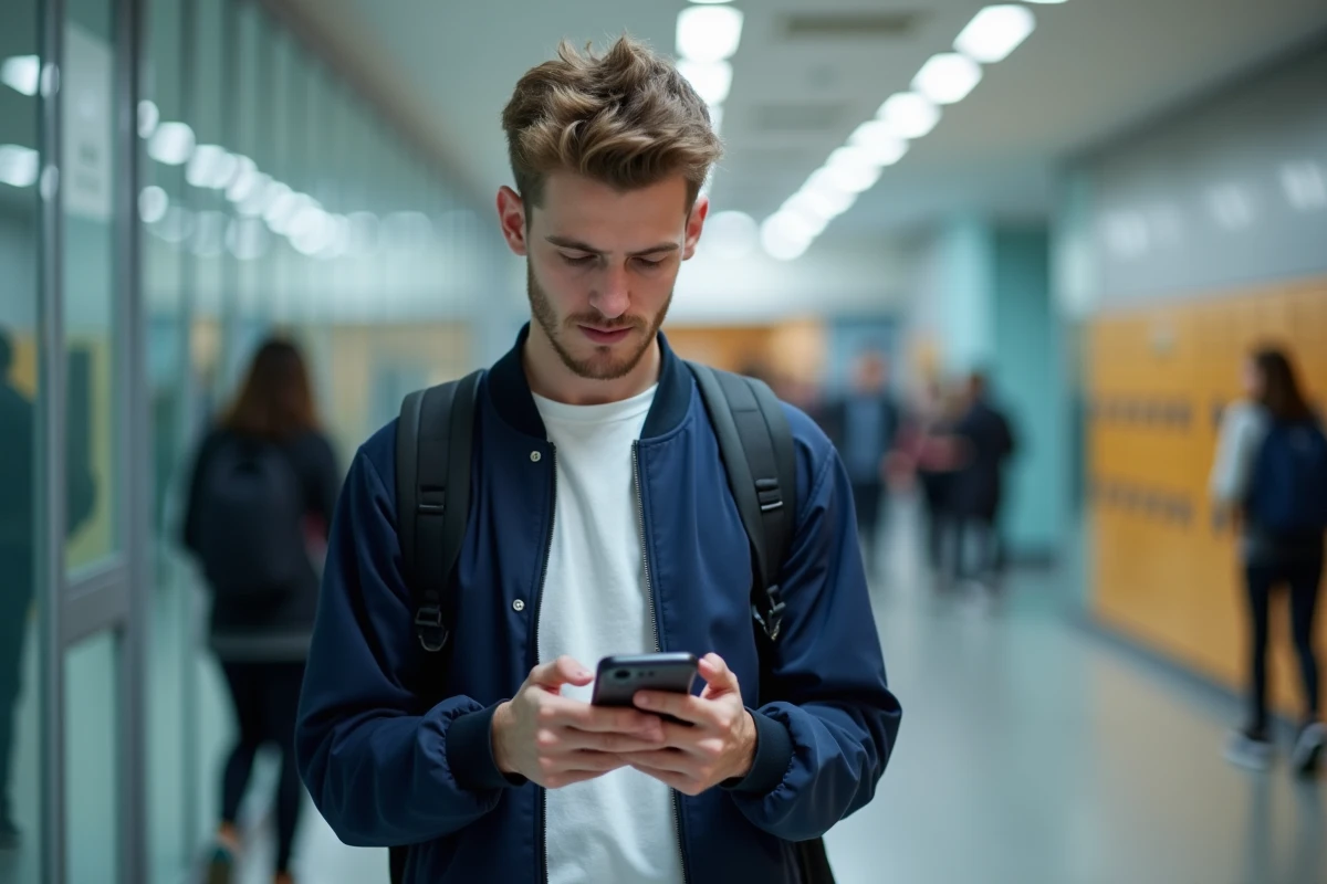 Étudiant masculin vérifiant son emploi du temps sur smartphone dans un couloir d'université