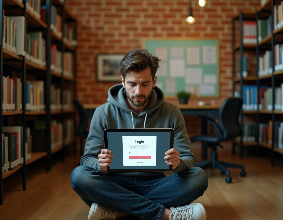Jeune homme consultant un portail académique avec une erreur de connexion sur une tablette en salle d'étude