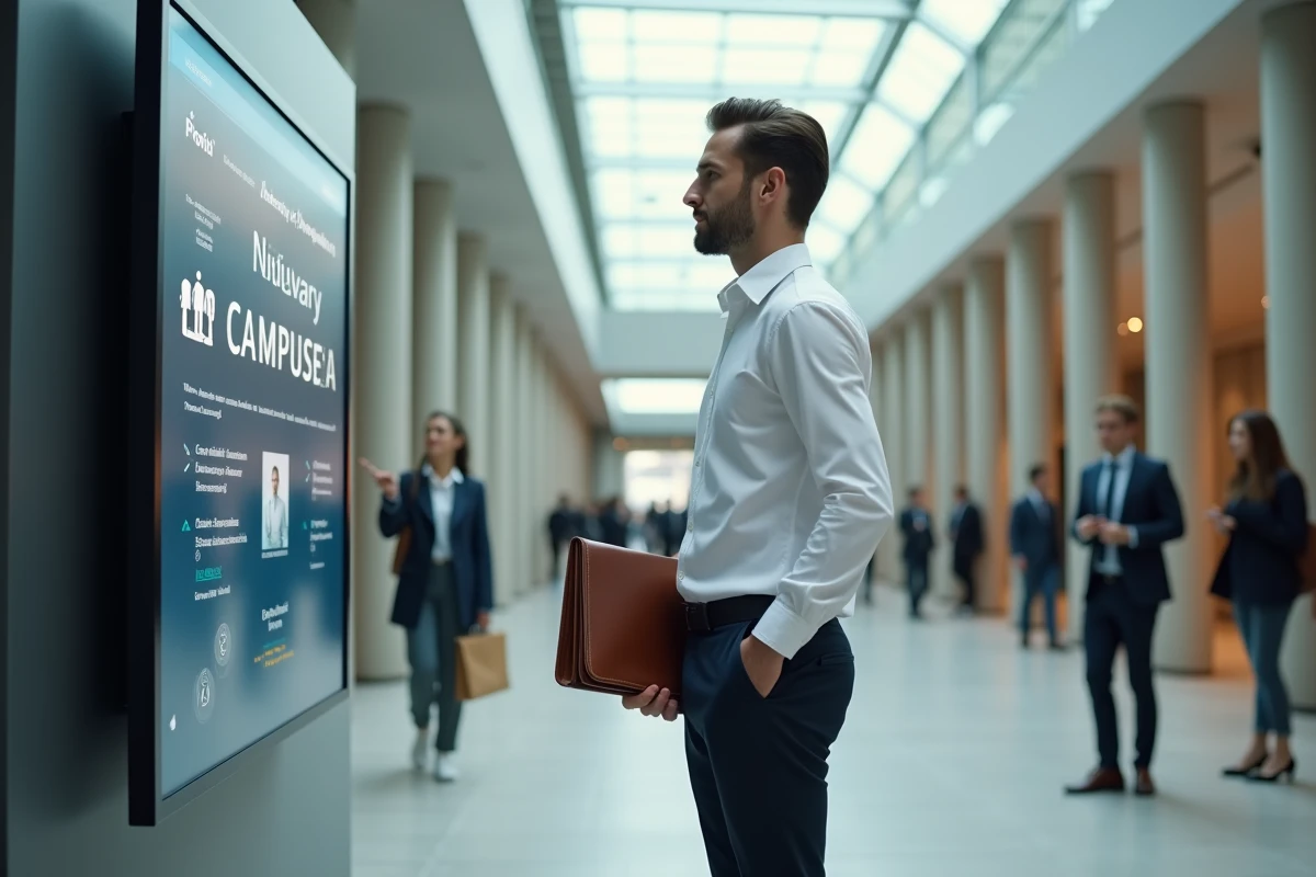 Étudiant en management du luxe consultant les informations sur les formations spécialisées dans le hall d'une grande école de commerce parisienne
