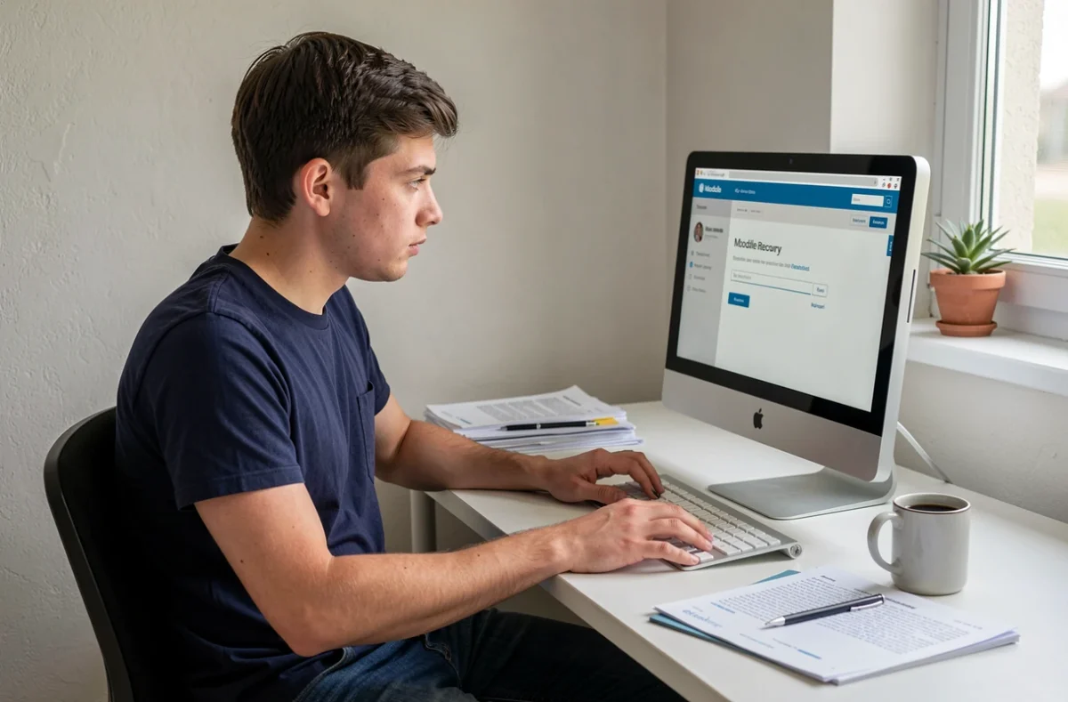 Étudiant chez lui essayant de réinitialiser son mot de passe oublié sur Moodle depuis son ordinateur de bureau