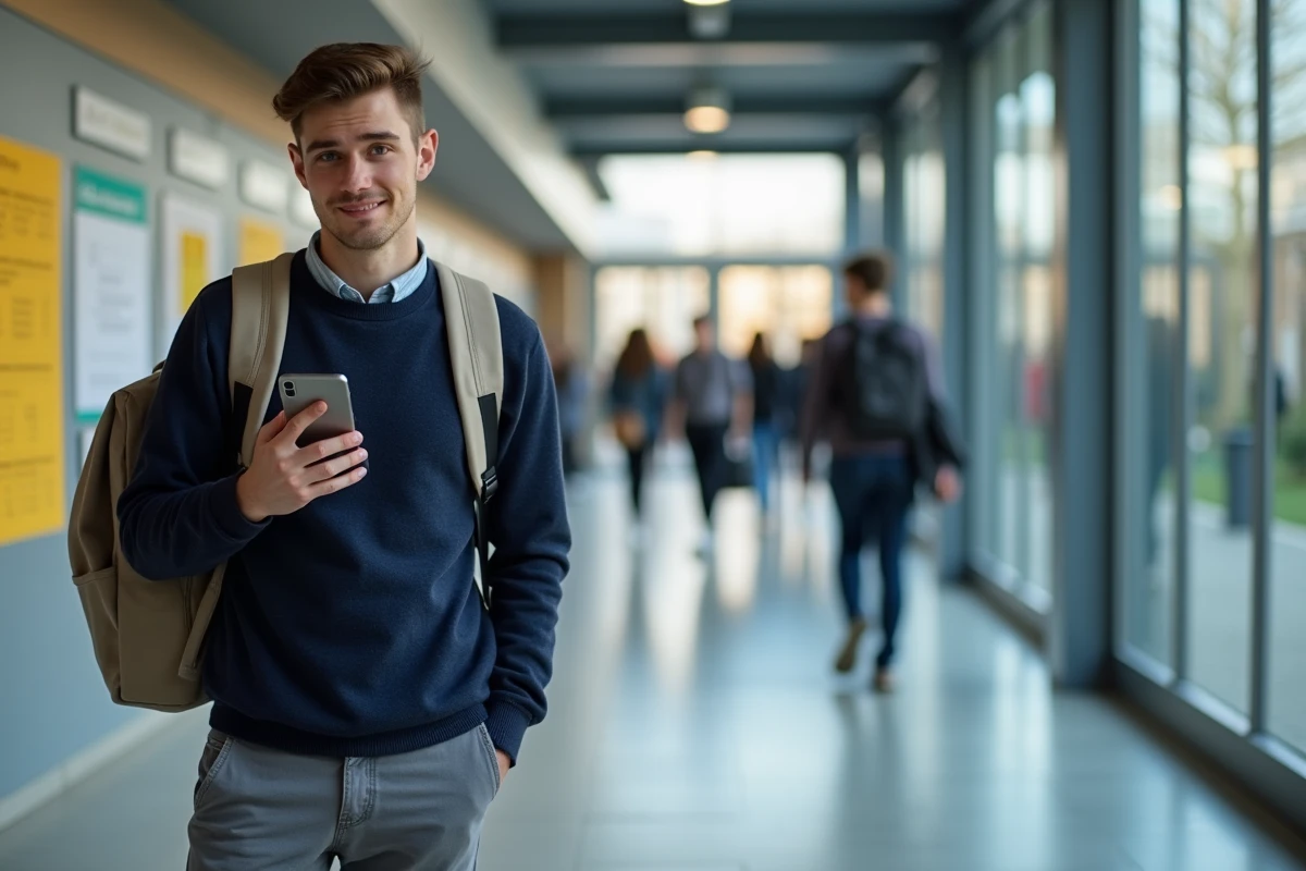 Étudiant consultant son emploi du temps sur smartphone dans un couloir du campus universitaire