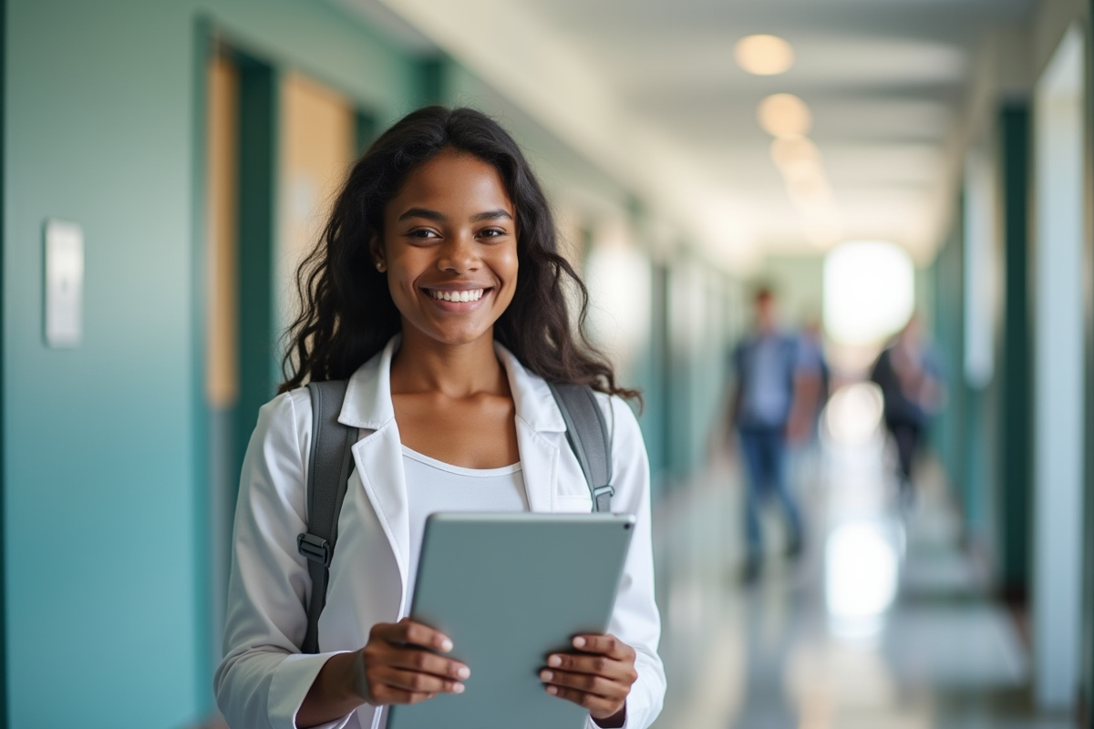 Etudiant confiant travaillant sur une tablette dans un couloir lumineux