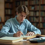 Étudiant universitaire concentré sur ses notes dans une bibliothèque académique en bois, évoquant l'ambition intellectuelle d'Elon Musk pendant ses études
