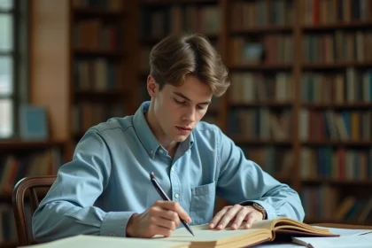 Étudiant universitaire concentré sur ses notes dans une bibliothèque académique en bois, évoquant l'ambition intellectuelle d'Elon Musk pendant ses études