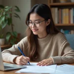 Jeune étudiante à son bureau en appartement cosy