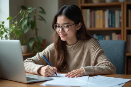 Jeune étudiante à son bureau en appartement cosy