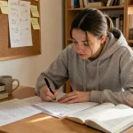 Étudiante française annotant un commentaire composé corrigé sur son bureau universitaire