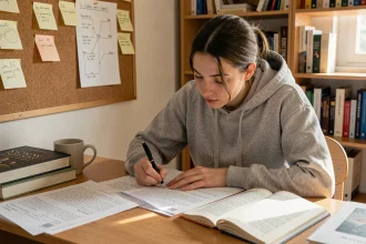Étudiante française annotant un commentaire composé corrigé sur son bureau universitaire