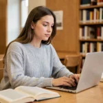 Étudiante utilisant une application de communication scolaire sur un ordinateur portable dans une bibliothèque universitaire