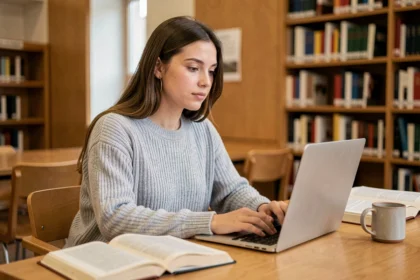 Étudiante utilisant une application de communication scolaire sur un ordinateur portable dans une bibliothèque universitaire