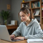 Étudiante consultant ses notes sur un portail scolaire en ligne depuis son ordinateur portable dans une chambre universitaire