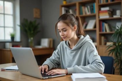 Étudiante consultant ses notes sur un portail scolaire en ligne depuis son ordinateur portable dans une chambre universitaire