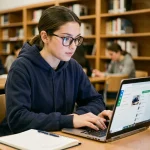 Étudiante explorant les fonctionnalités cachées d'ECampus Poli sur son ordinateur portable dans une bibliothèque universitaire