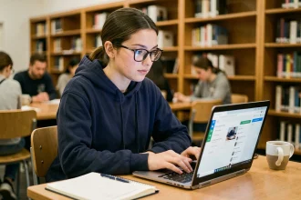 Étudiante explorant les fonctionnalités cachées d'ECampus Poli sur son ordinateur portable dans une bibliothèque universitaire