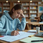 Étudiante annotant son emploi du temps imprimé à la bibliothèque universitaire d'Angers