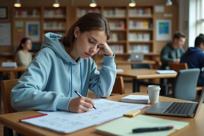 Étudiante annotant son emploi du temps imprimé à la bibliothèque universitaire d'Angers