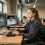 Étudiante en école de gaming assise devant un poste de travail dans un campus numérique moderne, illustrant le quotidien d'un élève en formation jeu vidéo