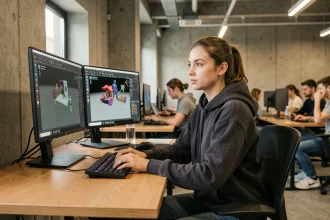 Étudiante en école de gaming assise devant un poste de travail dans un campus numérique moderne, illustrant le quotidien d'un élève en formation jeu vidéo