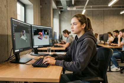 Étudiante en école de gaming assise devant un poste de travail dans un campus numérique moderne, illustrant le quotidien d'un élève en formation jeu vidéo