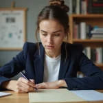 Étudiante rédigeant une lettre de motivation pour les Gobelins à son bureau dans un appartement créatif