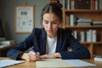 Étudiante rédigeant une lettre de motivation pour les Gobelins à son bureau dans un appartement créatif