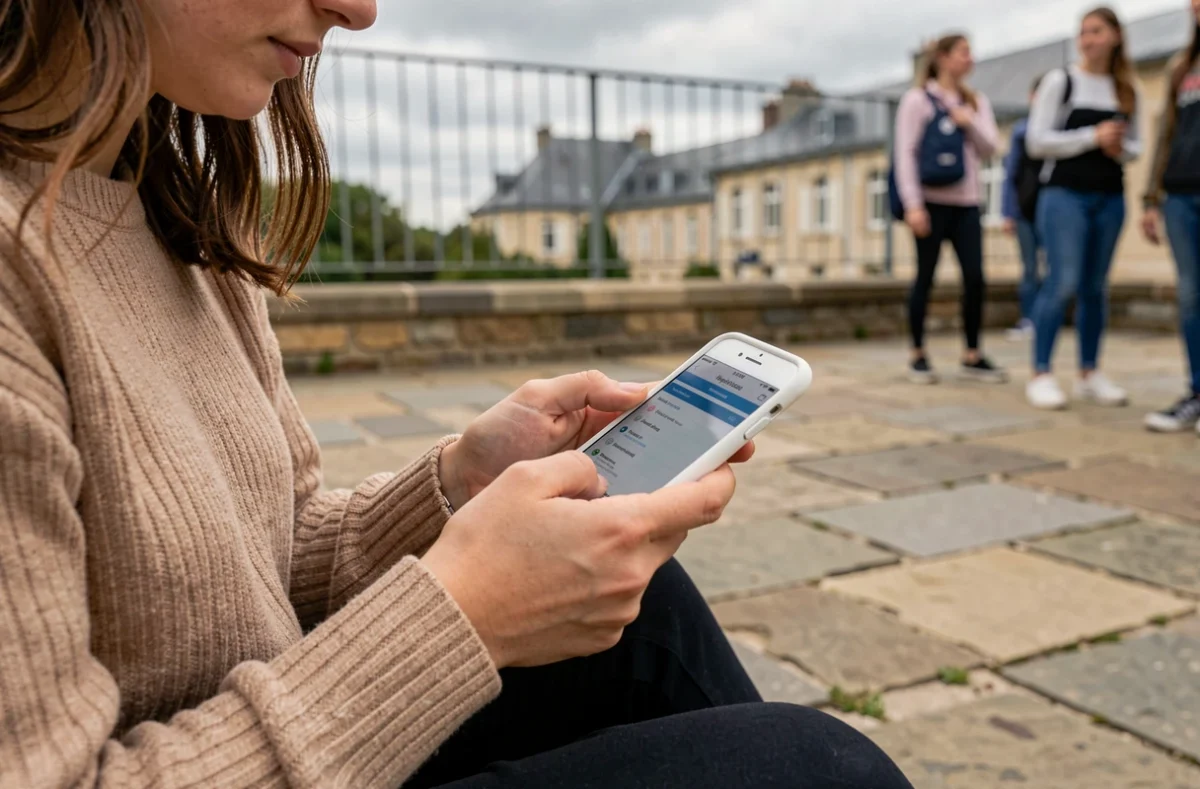 Jeune étudiante accédant au portail ENT Cholet sur iPhone dans la cour de son établissement