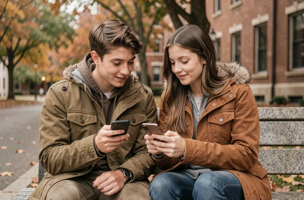 Deux étudiants consultant ensemble une application de messagerie scolaire sur smartphone en extérieur sur un campus