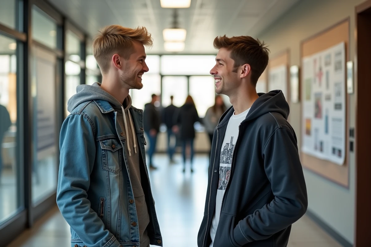Deux étudiants discutant dans le couloir d