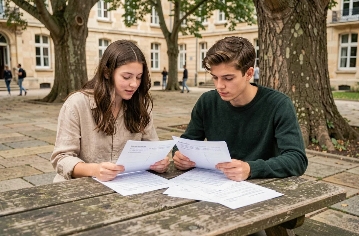 Deux étudiants révisant ensemble des commentaires composés corrigés en plein air sur un campus français