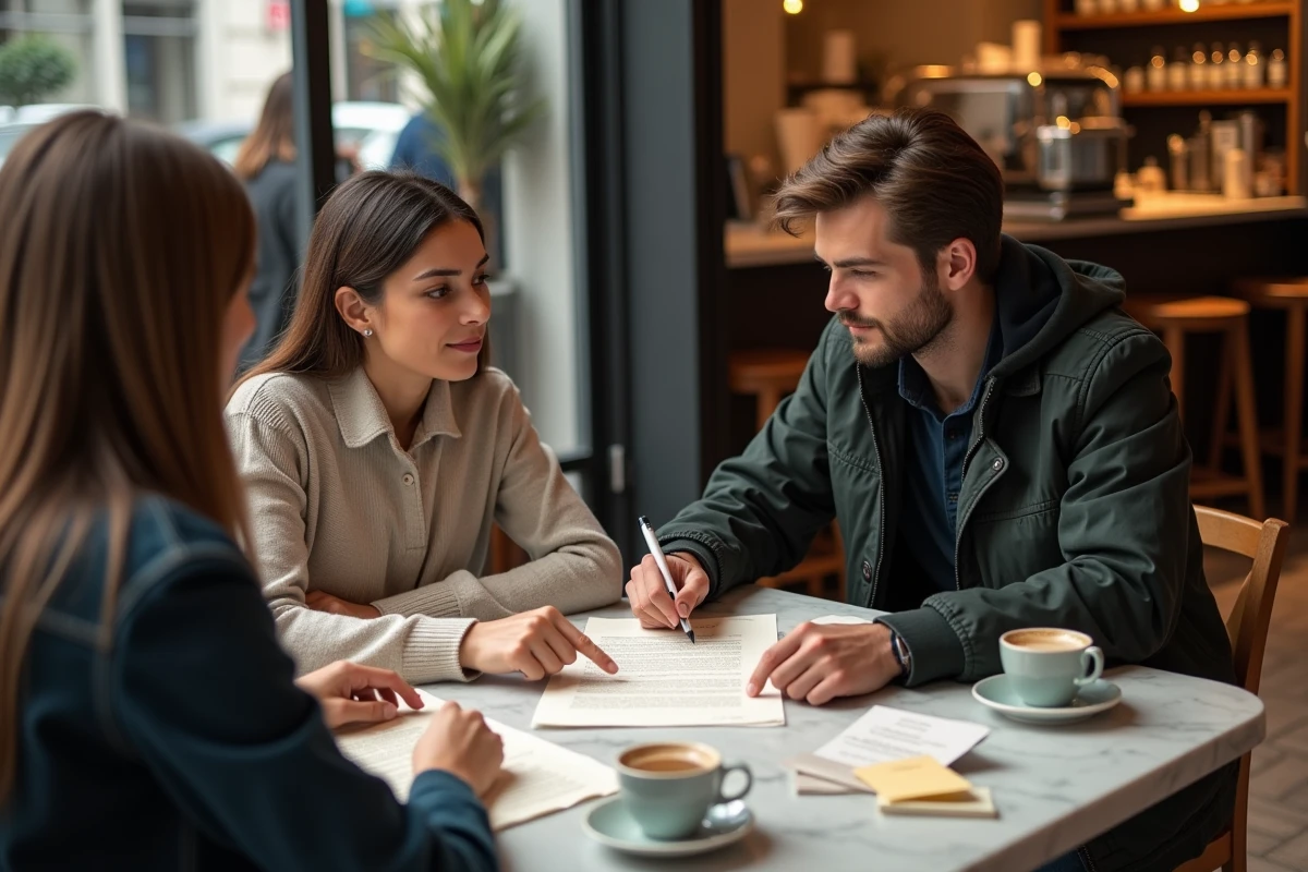 Deux étudiants relisant et corrigeant une lettre de motivation pour les Gobelins dans un café parisien