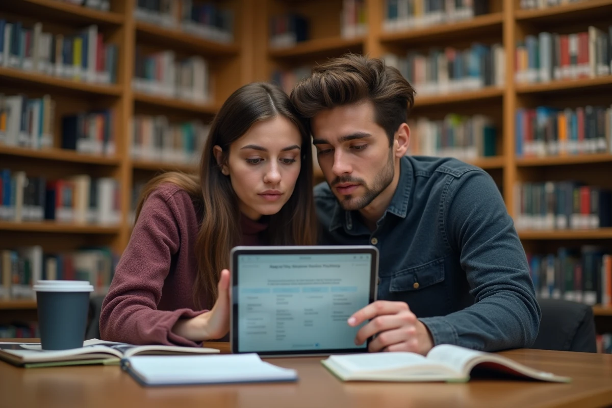 Deux étudiants consultant le suivi des absences sur une tablette dans une bibliothèque universitaire