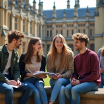 Groupe d'étudiants universitaires dans la cour historique