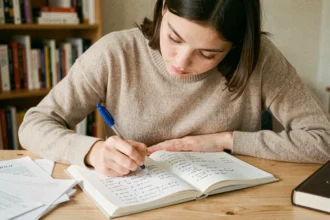 Jeune femme concentrée faisant des exercices de conjugaison du 2ème groupe de verbes dans un cahier de grammaire française posé sur un bureau en bois