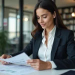 Femme en costume d'affaires examinant des documents financiers