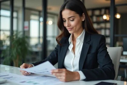 Femme en costume d'affaires examinant des documents financiers
