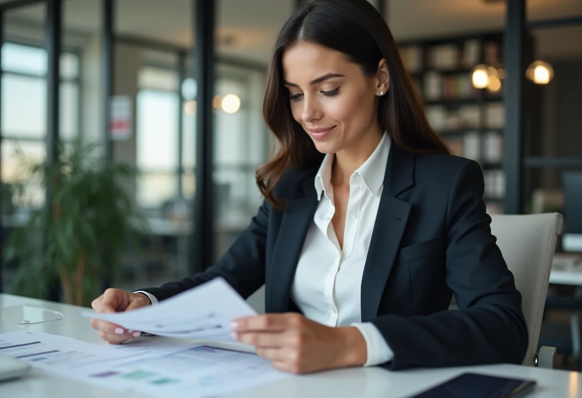 Femme en costume d'affaires examinant des documents financiers