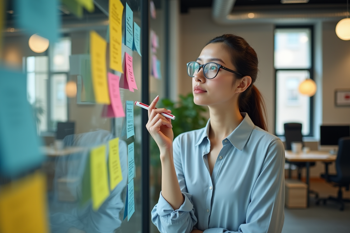 Femme réfléchissant devant notes colorées sur verre
