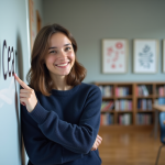 Jeune femme souriante pointant les symboles phonétiques de ocean