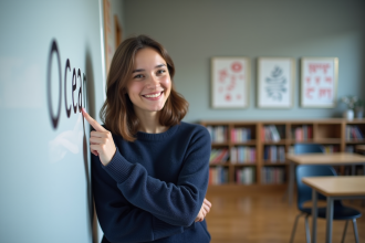 Jeune femme souriante pointant les symboles phonétiques de ocean
