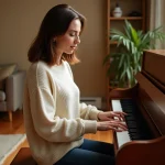 Femme adulte apprenant à jouer du piano dans un salon chaleureux, méthode débutant